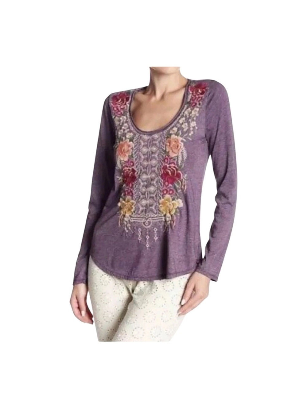 Johnny Was Embroidered scoop neck cotton floral top Cortez M retails 179